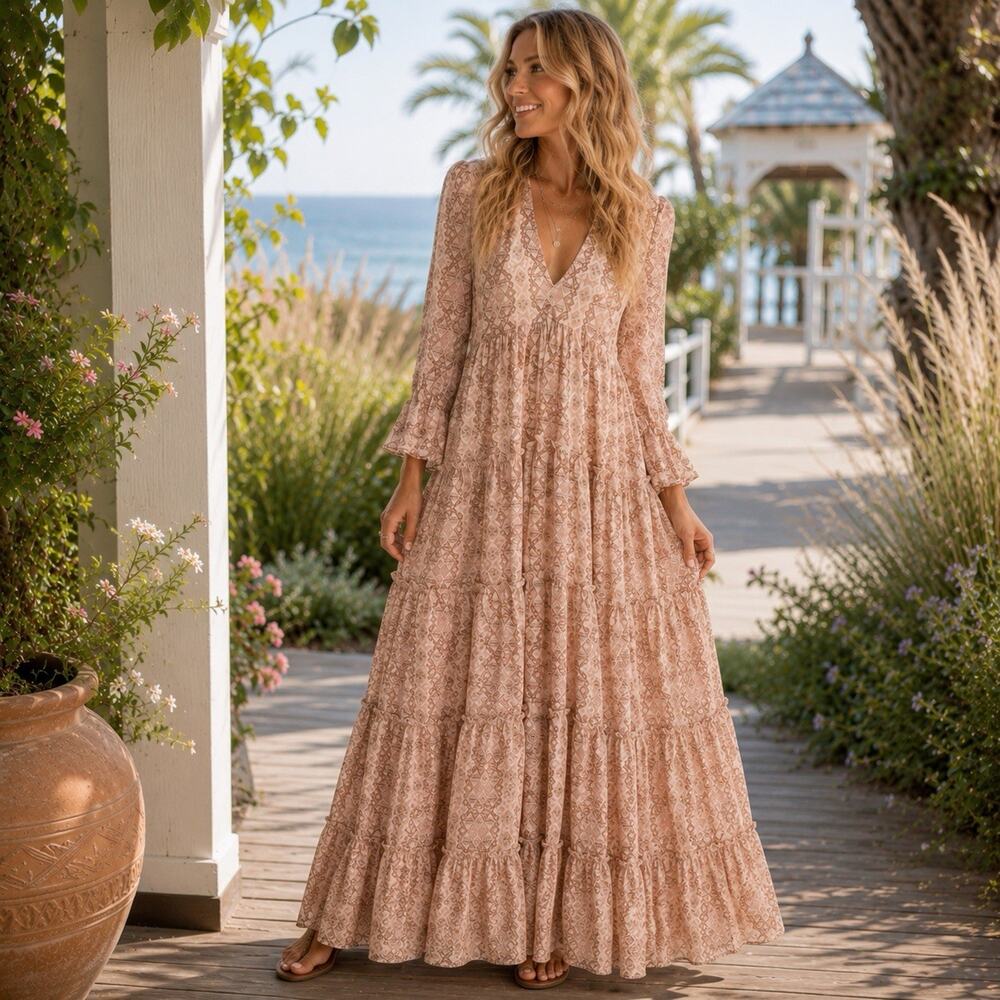 Elan Pink Boho Maxi Dress Sz S Cottagecore Coquette Festival Tiered Bell Sleeve